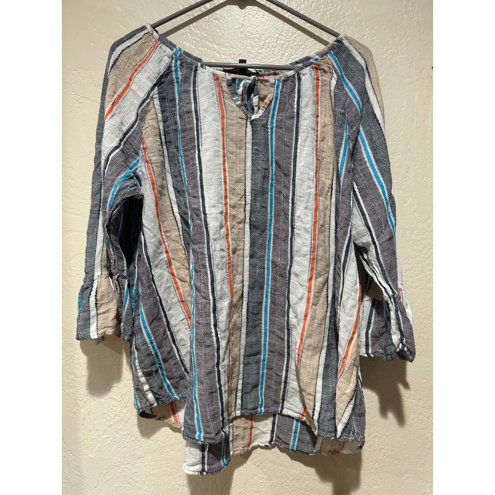 Club Z Collection Womens 1X Striped Bell Sleeve Split Neck‎ Blouse Multi-Color